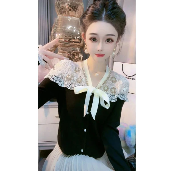 蕾丝蝴蝶结时尚百搭冬季新款简约长袖上衣S2984