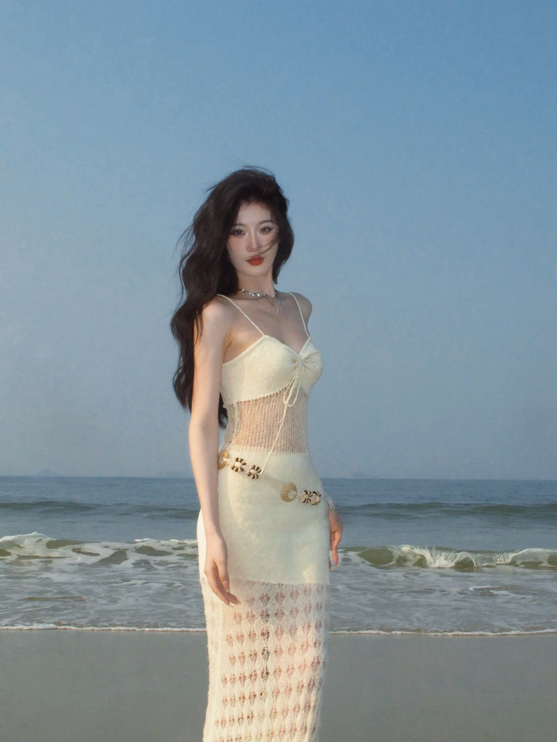 2024ss原创吊带针织拼接露腰连衣裙时尚气质性感百搭女装连衣裙