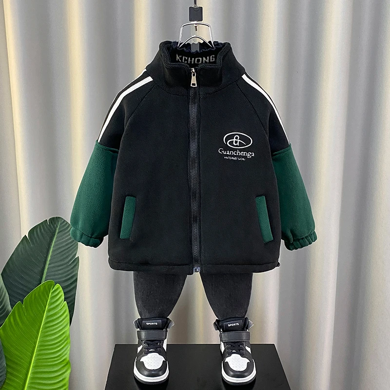 男童秋冬季外套2023新款加厚冬装夹克摇粒绒加绒上衣夹棉衣服男孩