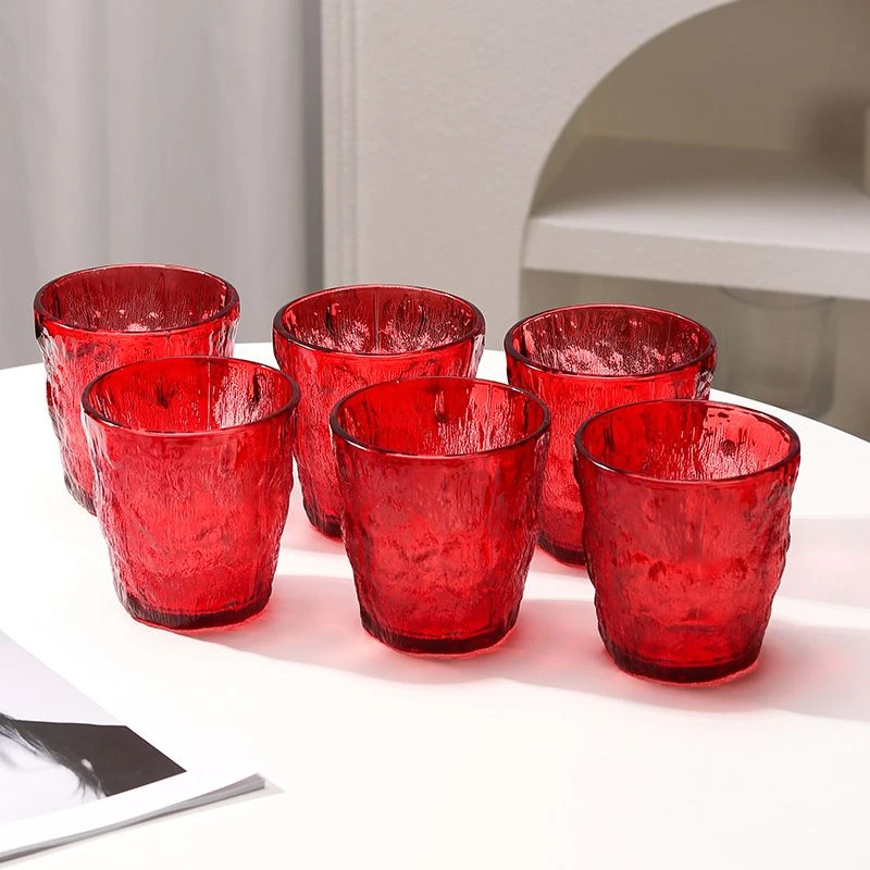 【6只装】ins风红色冰川杯矮款雾面果汁牛奶杯酒杯玻璃杯喝水杯子