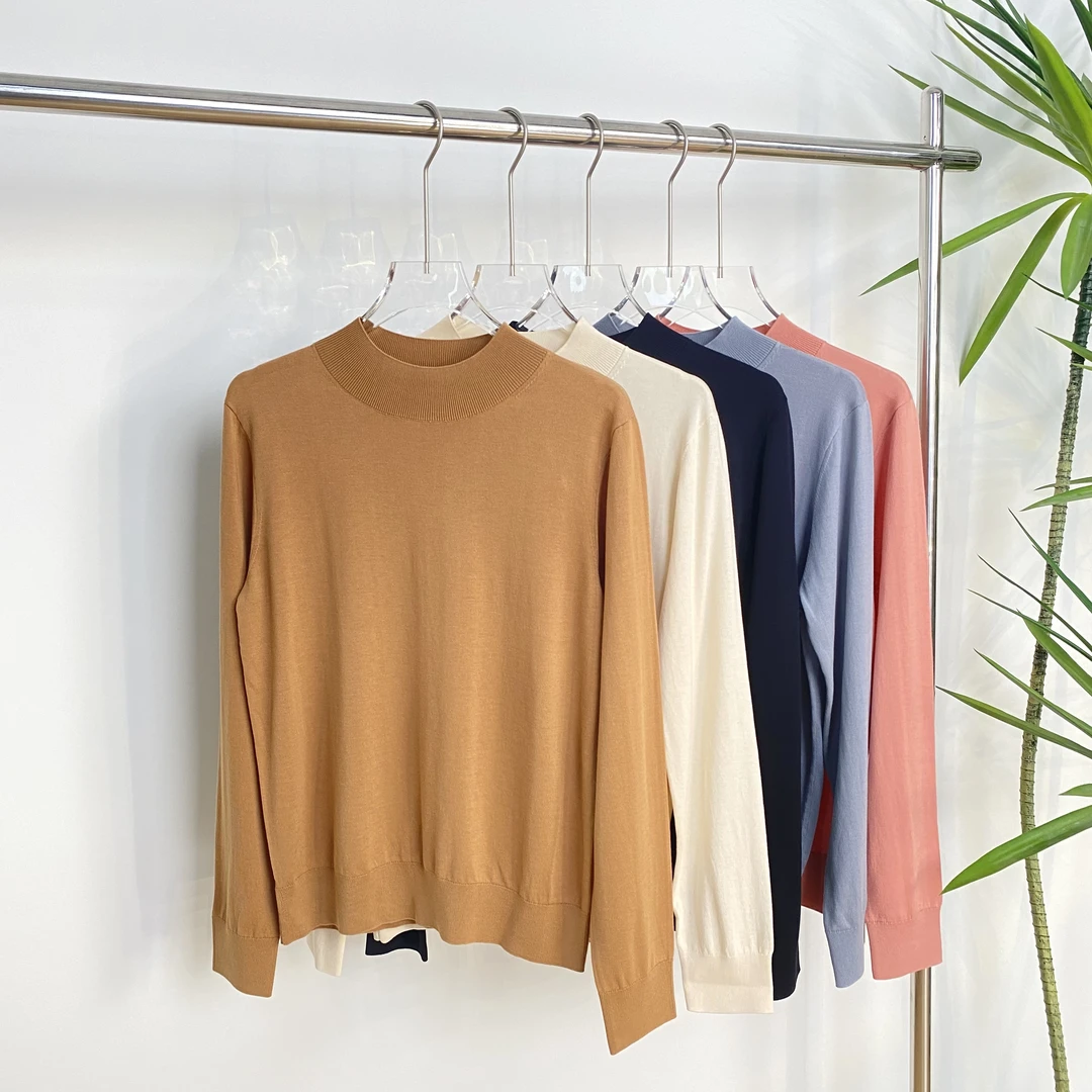 新【天蚕丝100%】可机洗打底衫春秋女款宽松休闲圆领长袖内搭针织衫