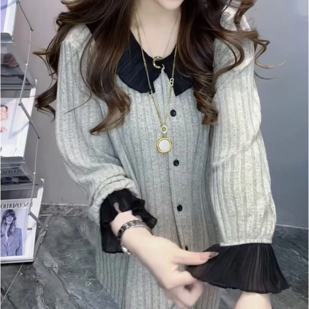 秋冬季简约睡衣女灰色长袖加厚小众荷叶领家居服套装