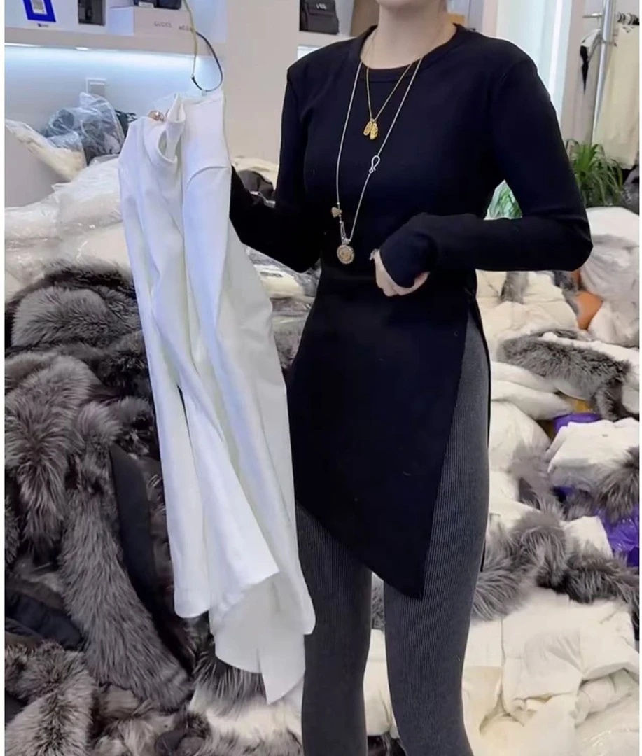 常规叛逆风长袖T恤修身洋气开叉高领纯色网红显瘦