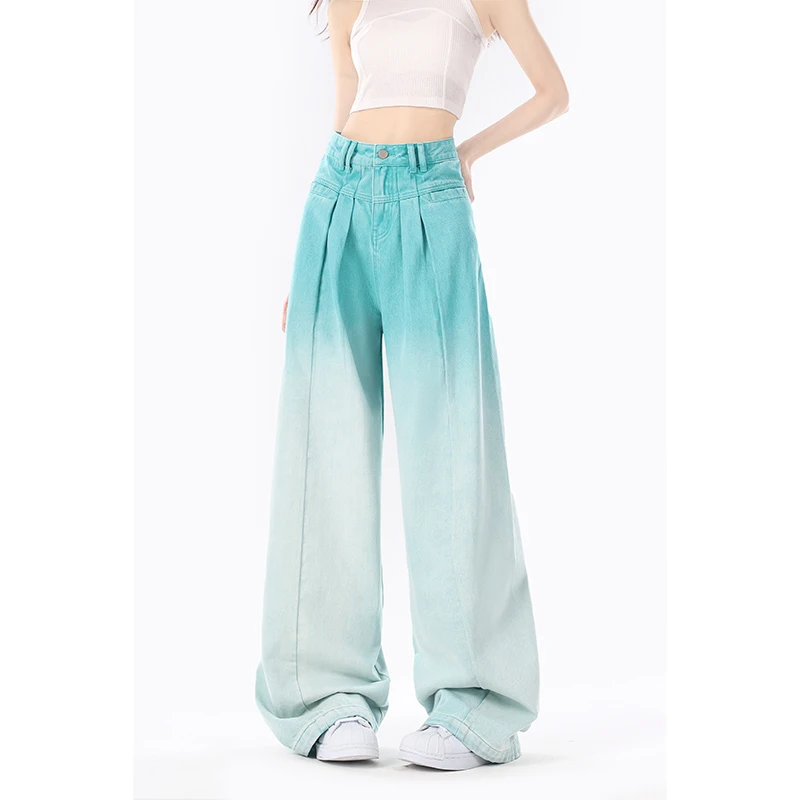 湖蓝色渐变高腰牛仔裤女夏季爆款阔腿小众褶皱窄版潮牌裤子