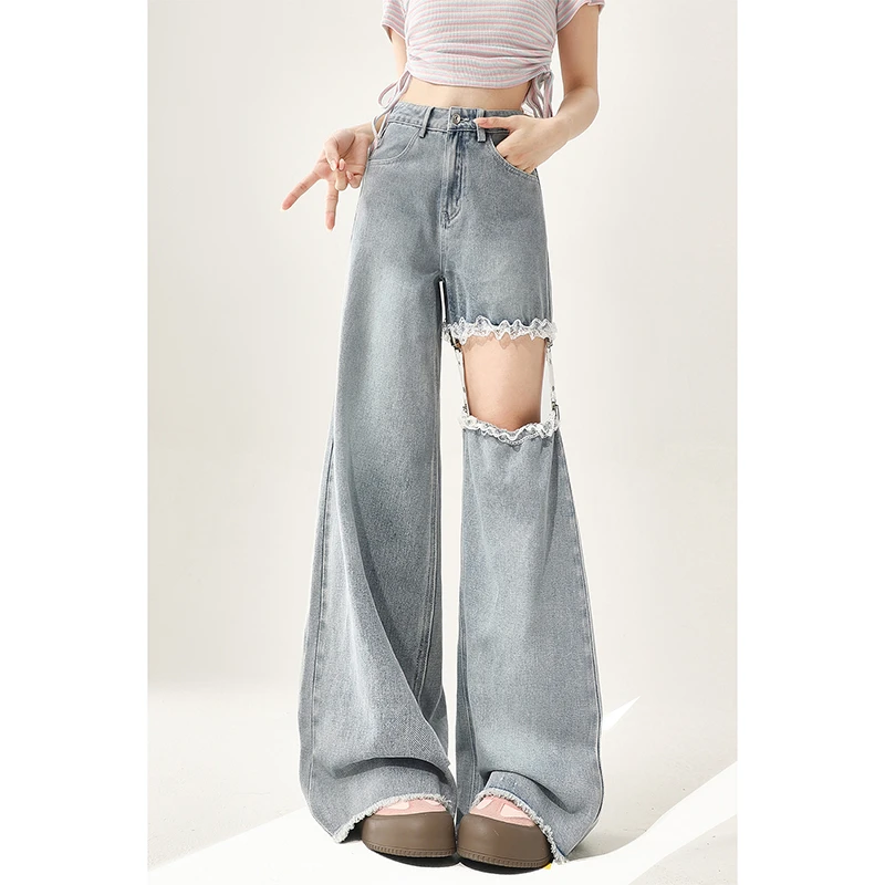 自然涩少女风蕾丝镂空牛仔裤女夏薄款可拆卸宽松直筒阔腿长裤子