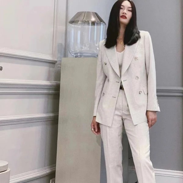 白石灰套装修身韩版时尚高端毛料商务女装