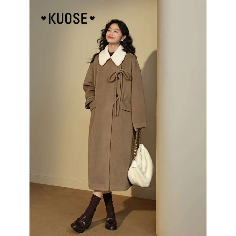【燕麦拿铁】阔色毛呢外套女2024秋冬季新款翻领呢子大衣KSE2411001