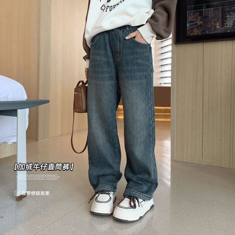 女童加绒复古牛仔裤冬装一体绒保暖直筒裤春秋款中大童百搭阔腿裤