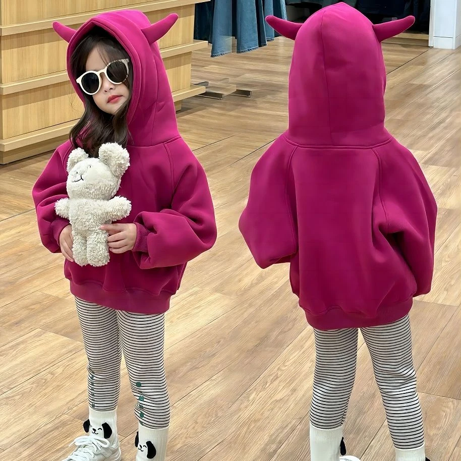 女童加绒卫衣2023秋冬新款洋气儿童小恶魔连帽外套女宝宝冬季上衣