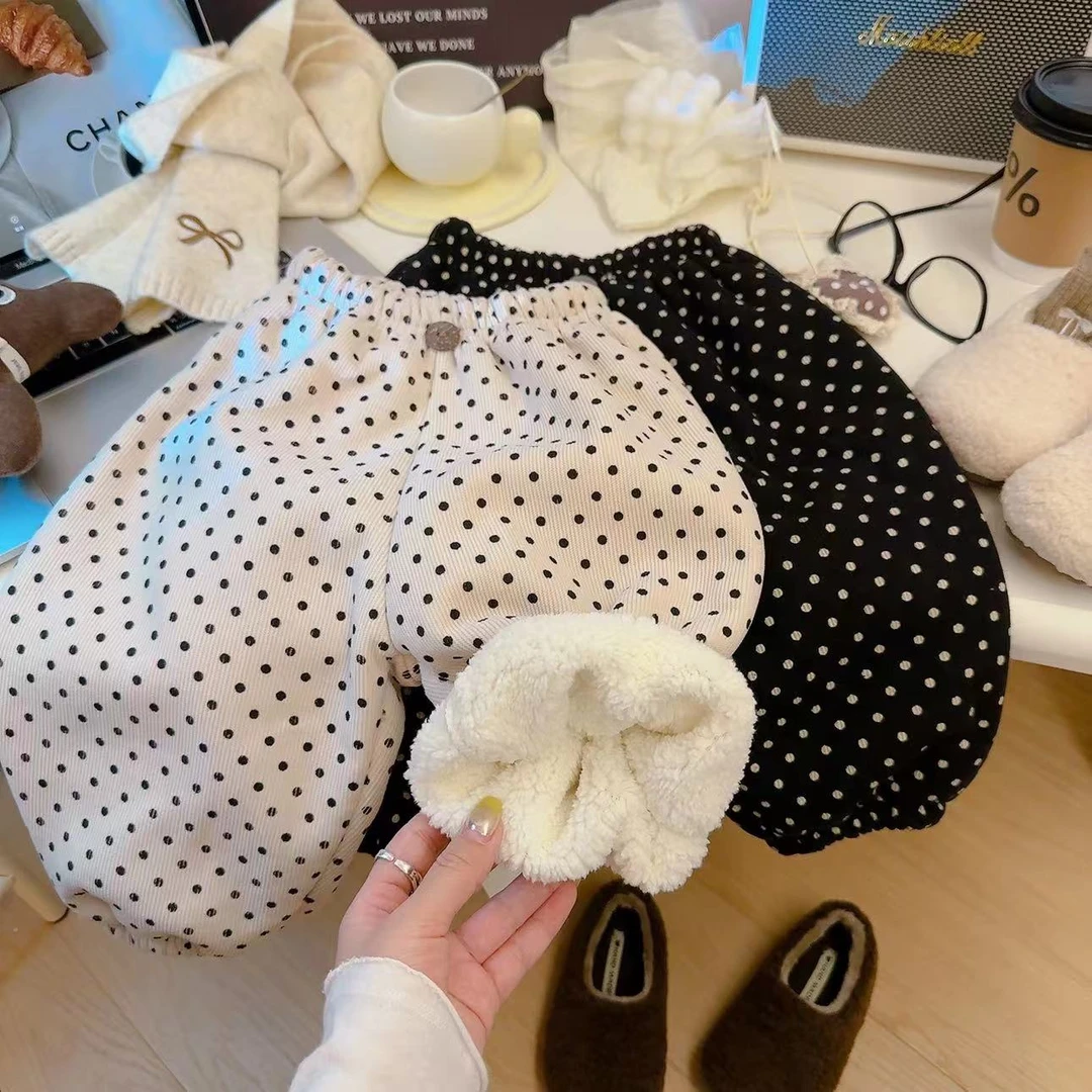 儿童冬季加绒韩系波点灯芯绒萝卜裤男女童简约百搭休闲裤