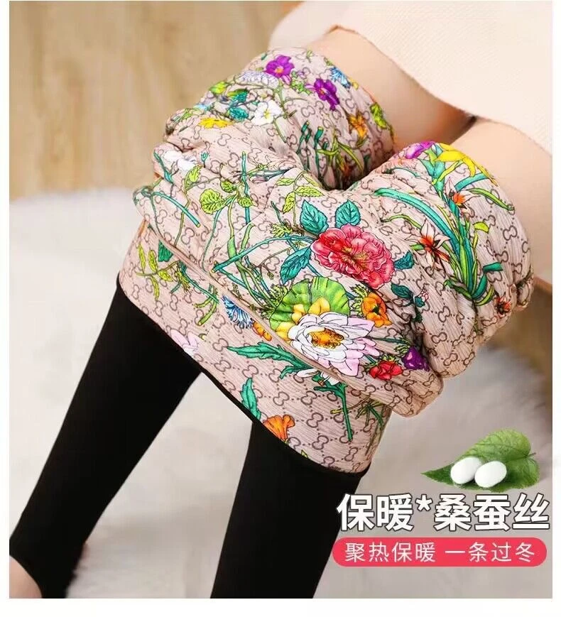 冬季高腰女士蚕丝踩脚打底裤外黑里花1