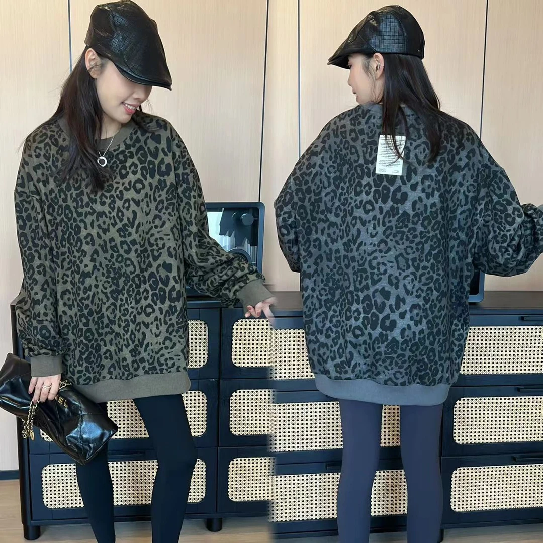 二姐的宝藏秋季新款豹纹贴标长袖卫衣宽松套头圆领显瘦T恤#24297