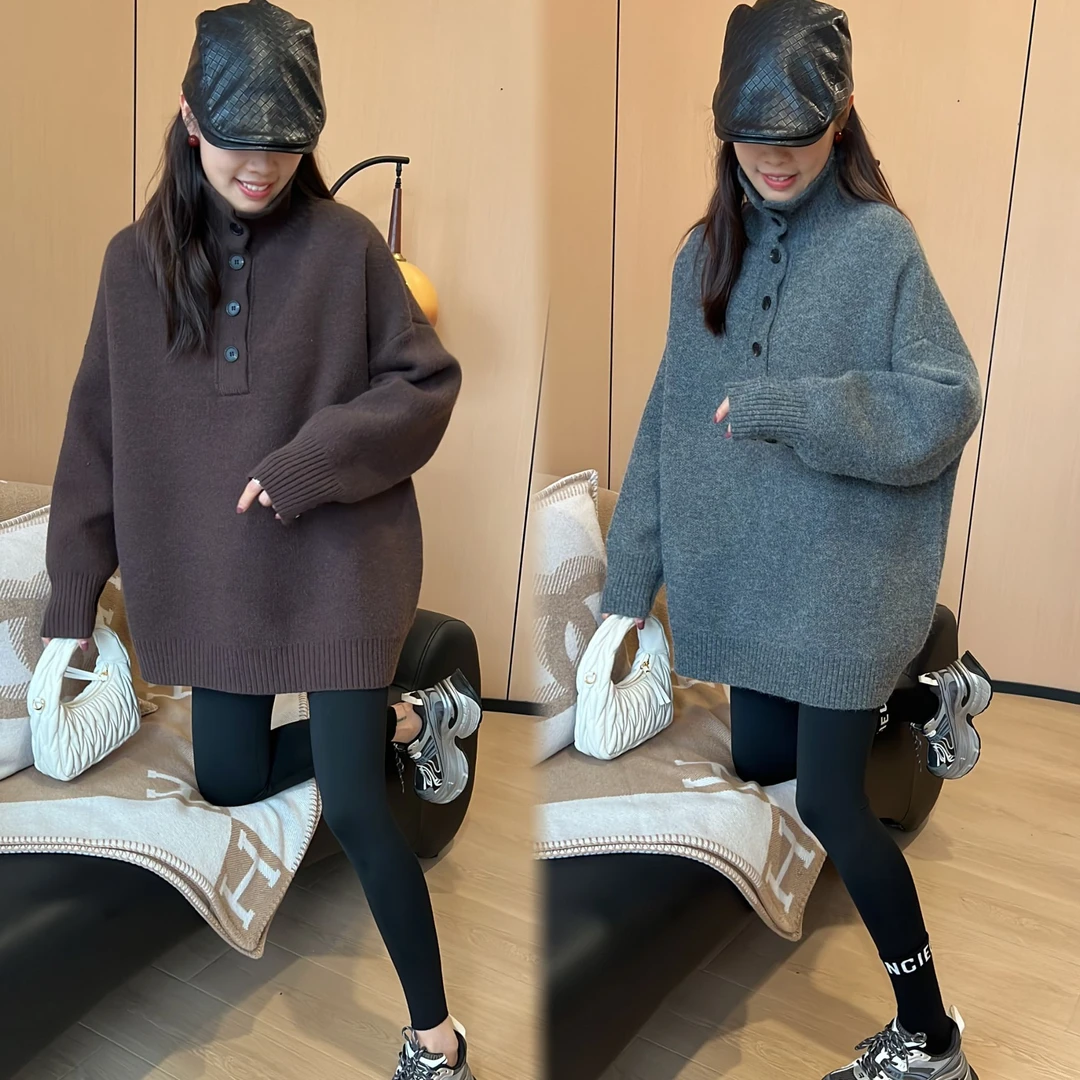 二姐的宝藏冬季宽松高领百搭针织扣子长袖毛衣#24412
