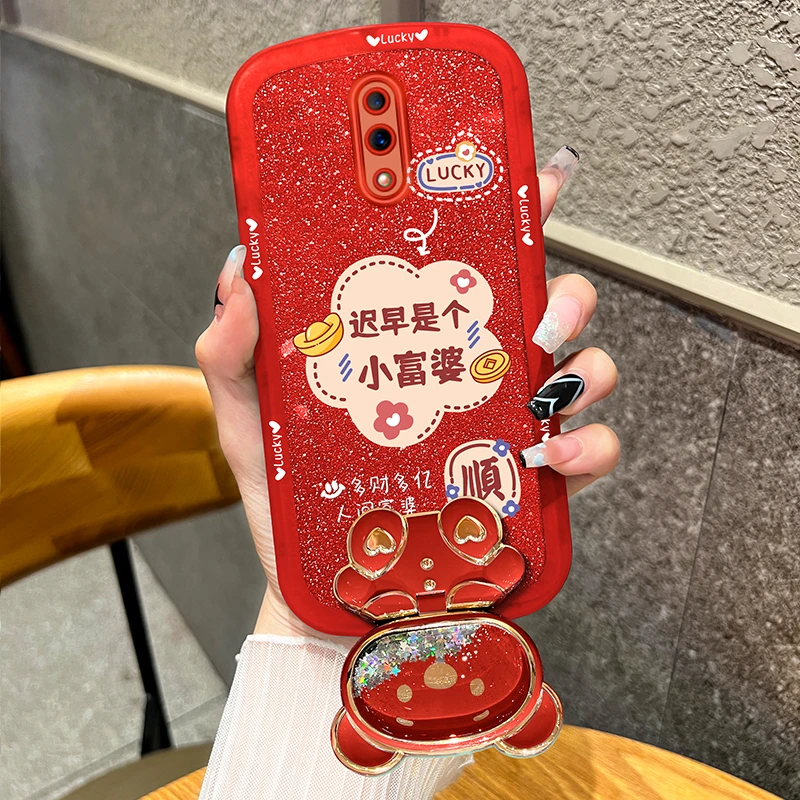 适用oppoReno手机壳迟早是个富婆镜子支架透明硅胶全包防摔保护壳