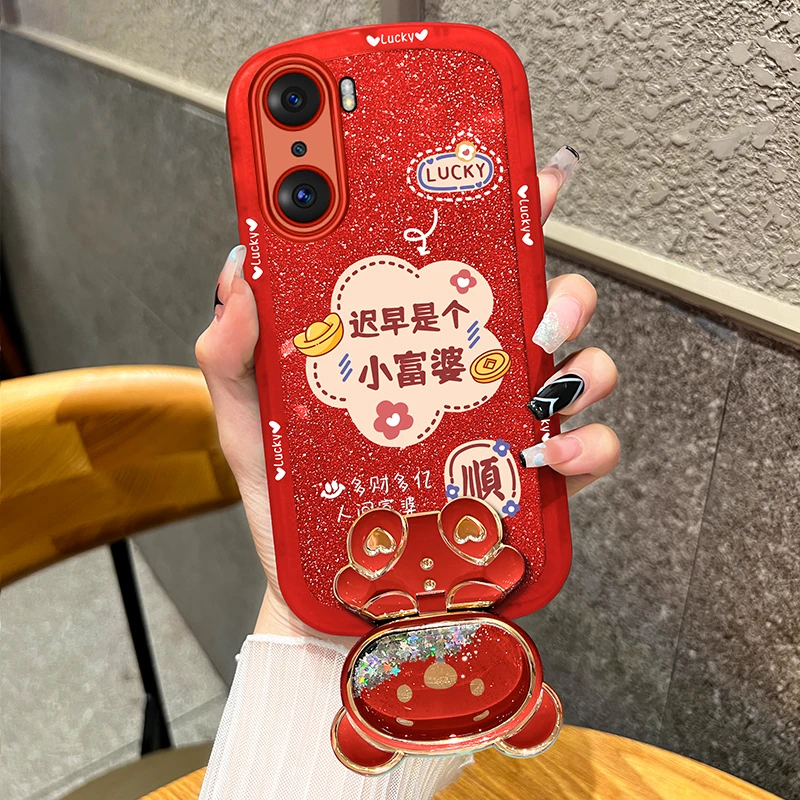 适用荣耀60手机壳60pro迟早是个富婆镜子支架透明硅胶全包防摔壳