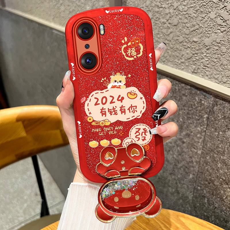 2024有钱有你适用荣耀60手机壳60pro透明硅胶补妆镜支架女款防摔