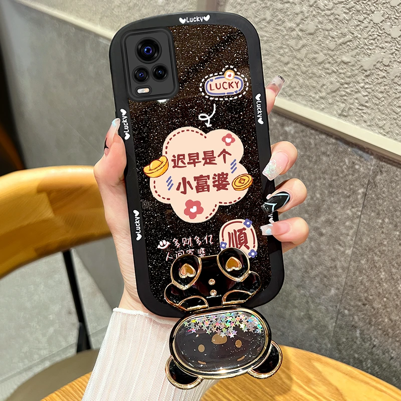 适用vivos7手机壳迟早是个富婆镜子支架透明硅胶全包防摔保护软壳