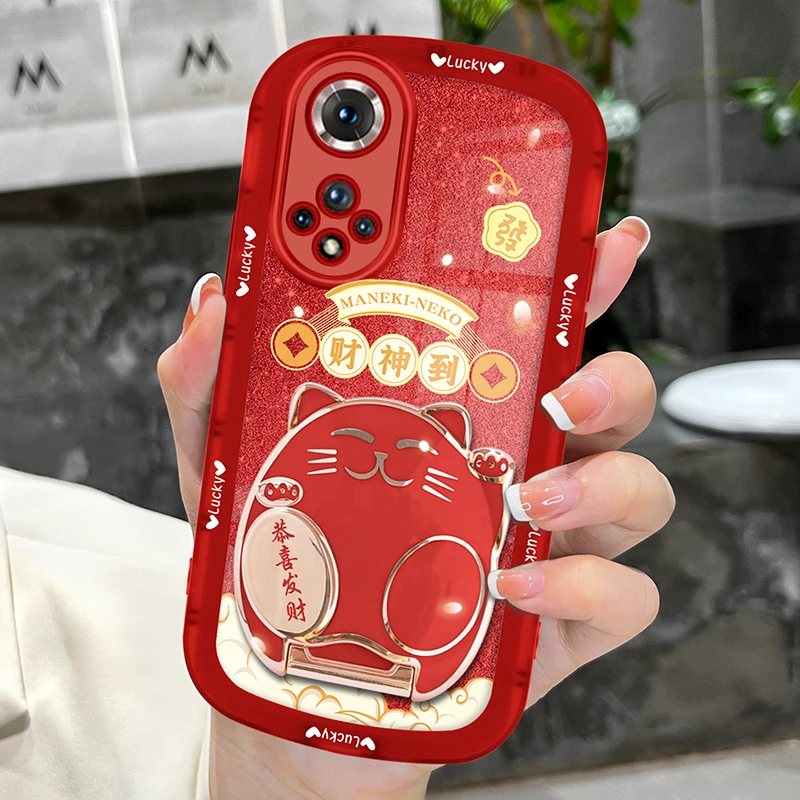 适用华为hi nova9手机壳nova9pro财神到透明硅胶可爱猫咪支架防摔