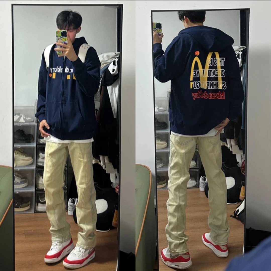 美式高街字母印花开衫卫衣ins百搭宽松设计潮流韩系连帽卫衣外套