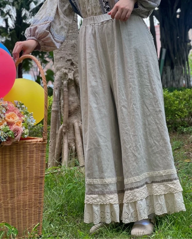 ZTJ紫藤街 2024新款森系复古文艺松紧腰拼接花边阔腿裤长裤