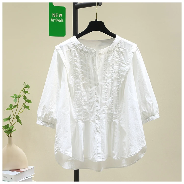 设计感褶皱圆领短袖白衬衫女夏日新中式韩版宽松显瘦衬衣别致上衣