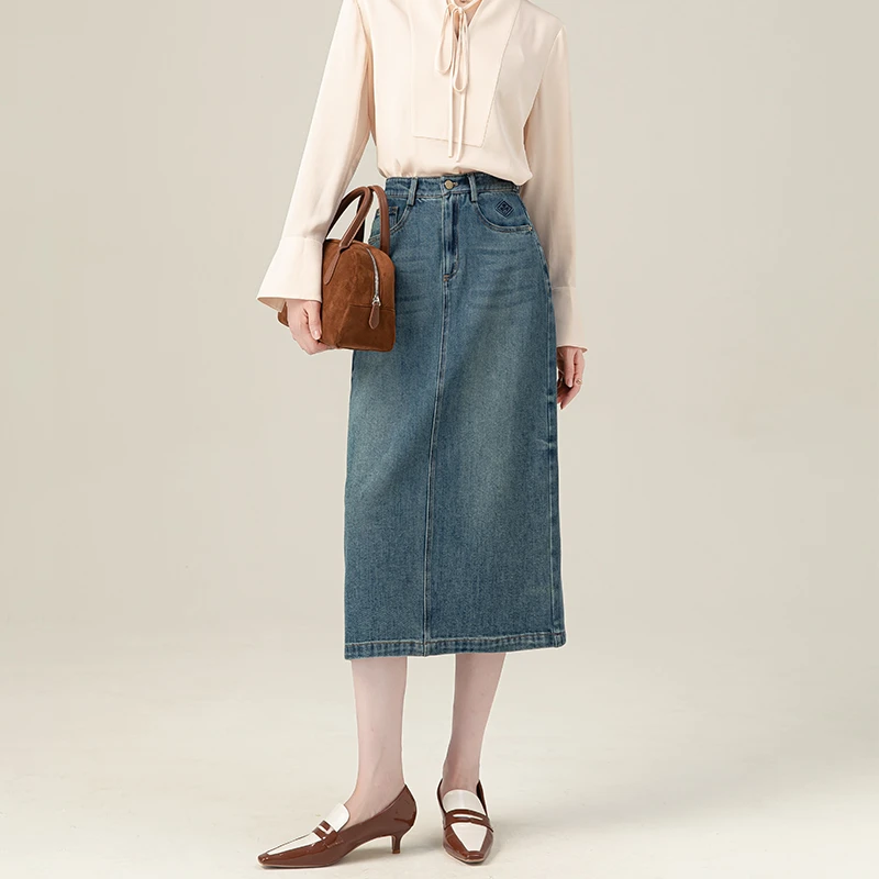 复古牛仔通勤筒裙5701百搭休闲半身裙裙子高腰半裙中长款女装