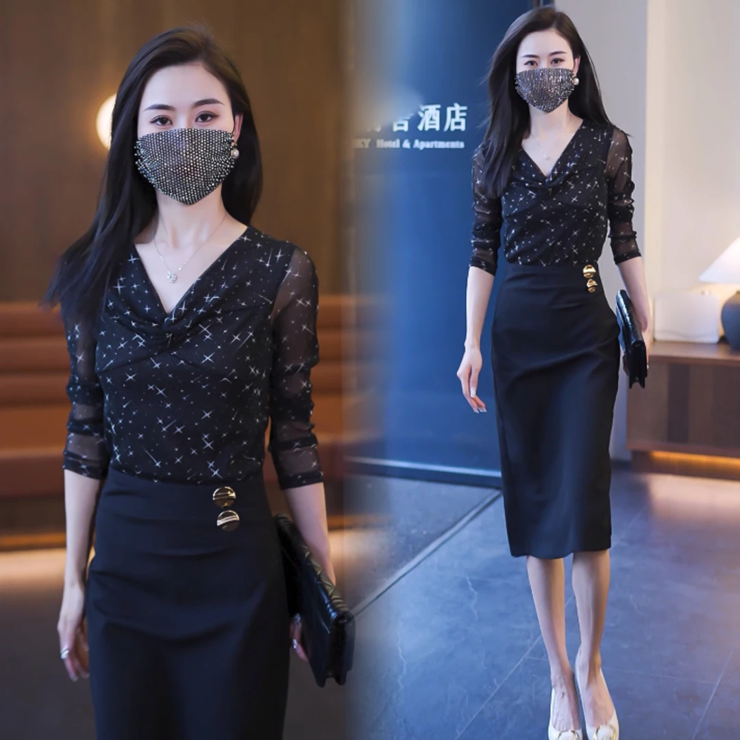 2025秋季长袖网纱打底衫女时尚洋气v领上衣修身显瘦小衫气质内搭