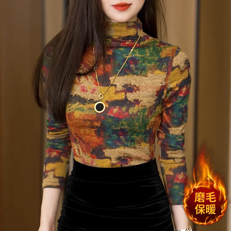 2024新款半高领花色时尚打底衫女秋冬款内搭百搭显瘦洋气长袖上衣