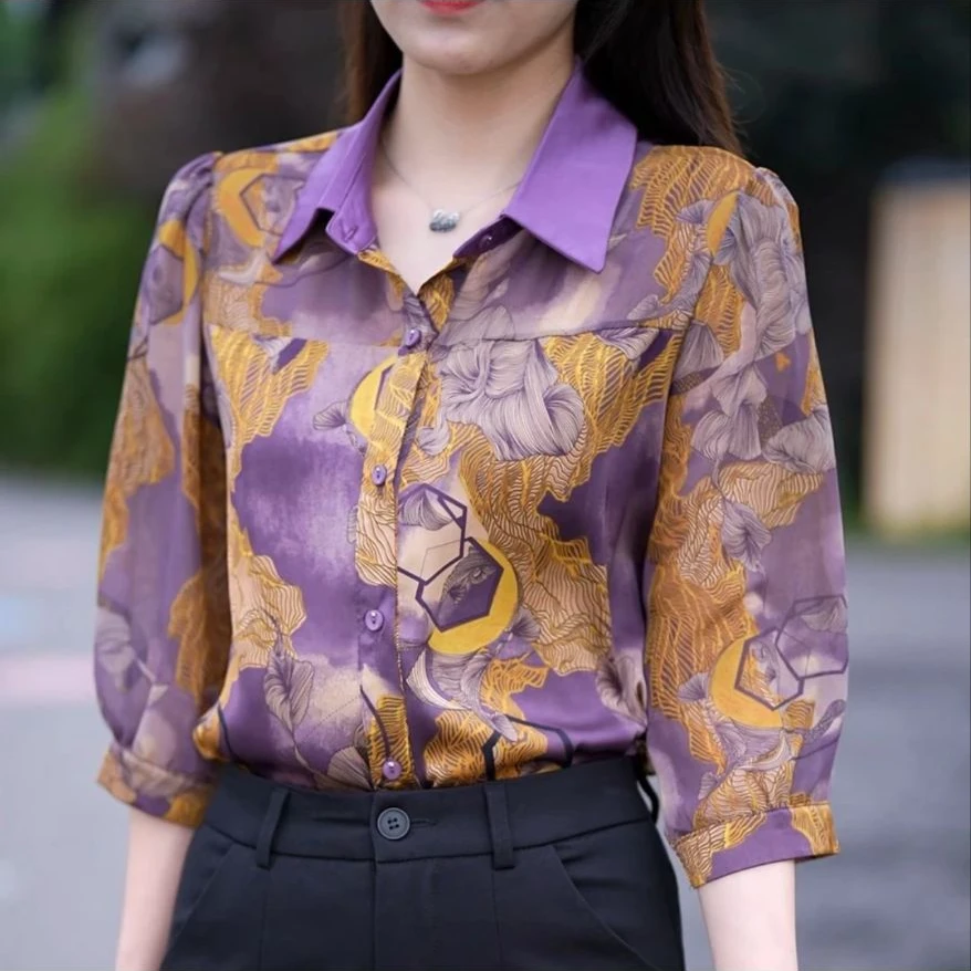 6097早春新款条纹碎花中袖衬衣女时尚小衫气质上衣显瘦雪纺衫