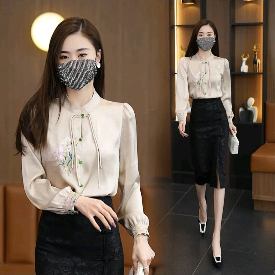 3336AABB早秋新款高领时尚国风衬衣女小衫夏季气质上衣显瘦雪纺衫