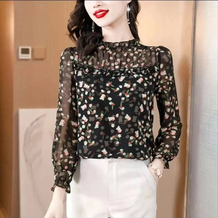 9626AA早夏新款小衫气质上衣设计感小衫印花长袖春夏洋气减龄时尚