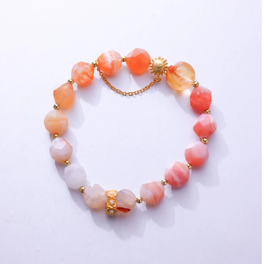 【橘子蜜桃】粉波斯湾玛瑙+黄胶花单圈DIY设计款手串卡8-8.6mm