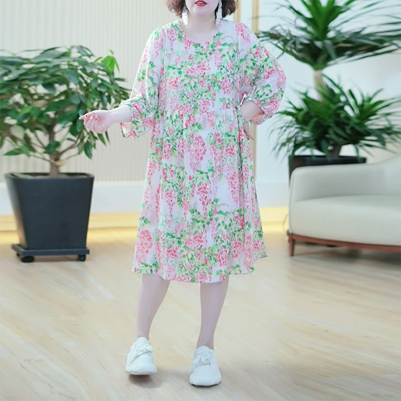乔其纱碎花印花温柔连衣裙大码复古撞色泡泡袖气质中长过膝裙