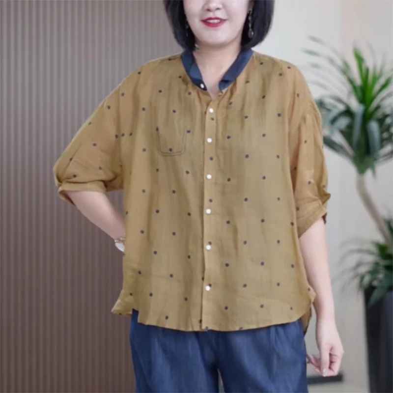 小翻领苎麻衬衫短袖撞色明线装饰宽松大码显瘦百搭文艺风上衣女潮