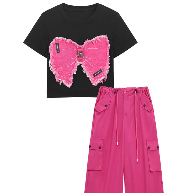 蝴蝶结贴布刺绣设计感辣妹短袖上衣工装长裤女春季2024新款两件套