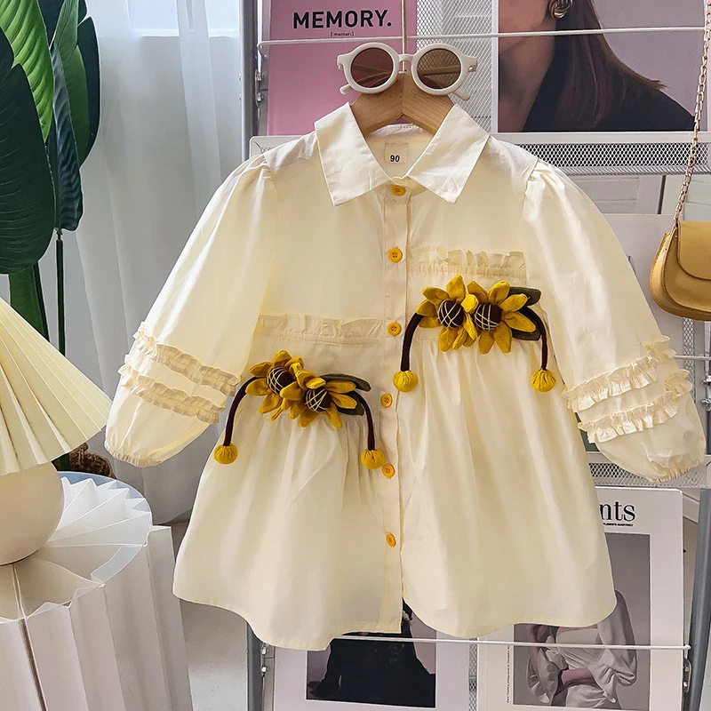 女童衬衫裙春秋韩版新款不规则边立体太阳花花边洋气连衣裙A003