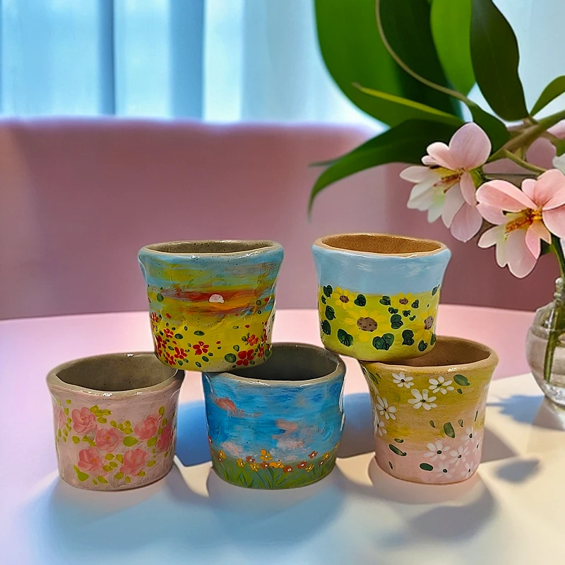 景德镇手工手绘手捏老陶泥油画风陶瓷杯创意新品美景图案随机一个