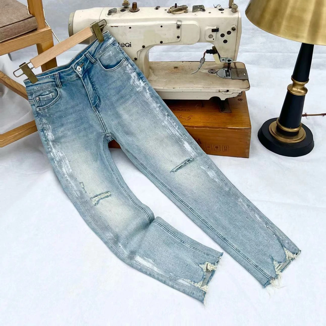 八分烟管直筒裤夏季破洞艺术感刷银烫钻重工牛仔裤显瘦高弹力9003