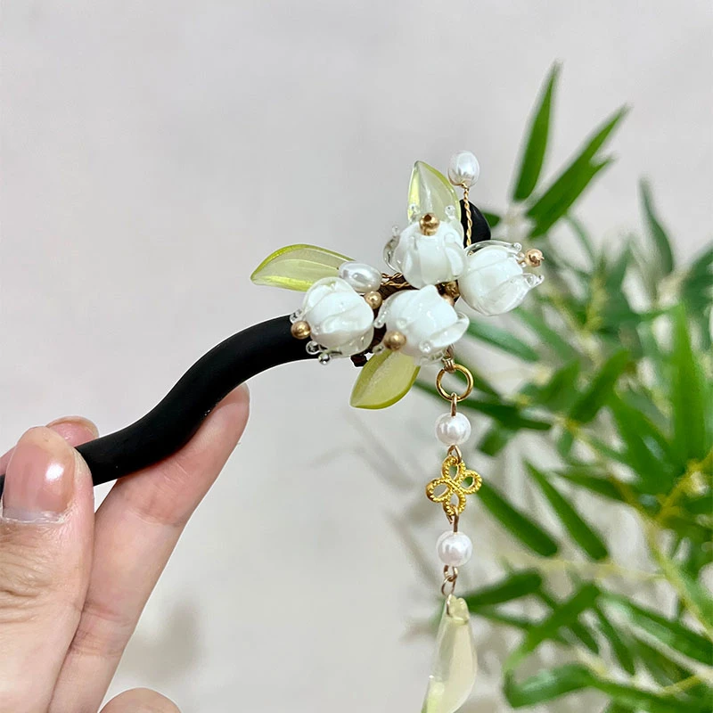 铃兰花开新中式日常简约黑檀木簪子古风清新步摇发簪汉服配饰