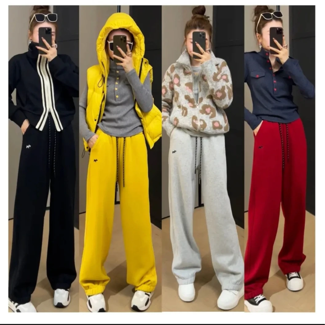 加绒卫裤女2024冬季新款小狗刺绣宽松显瘦百搭直筒抽线收脚运动裤