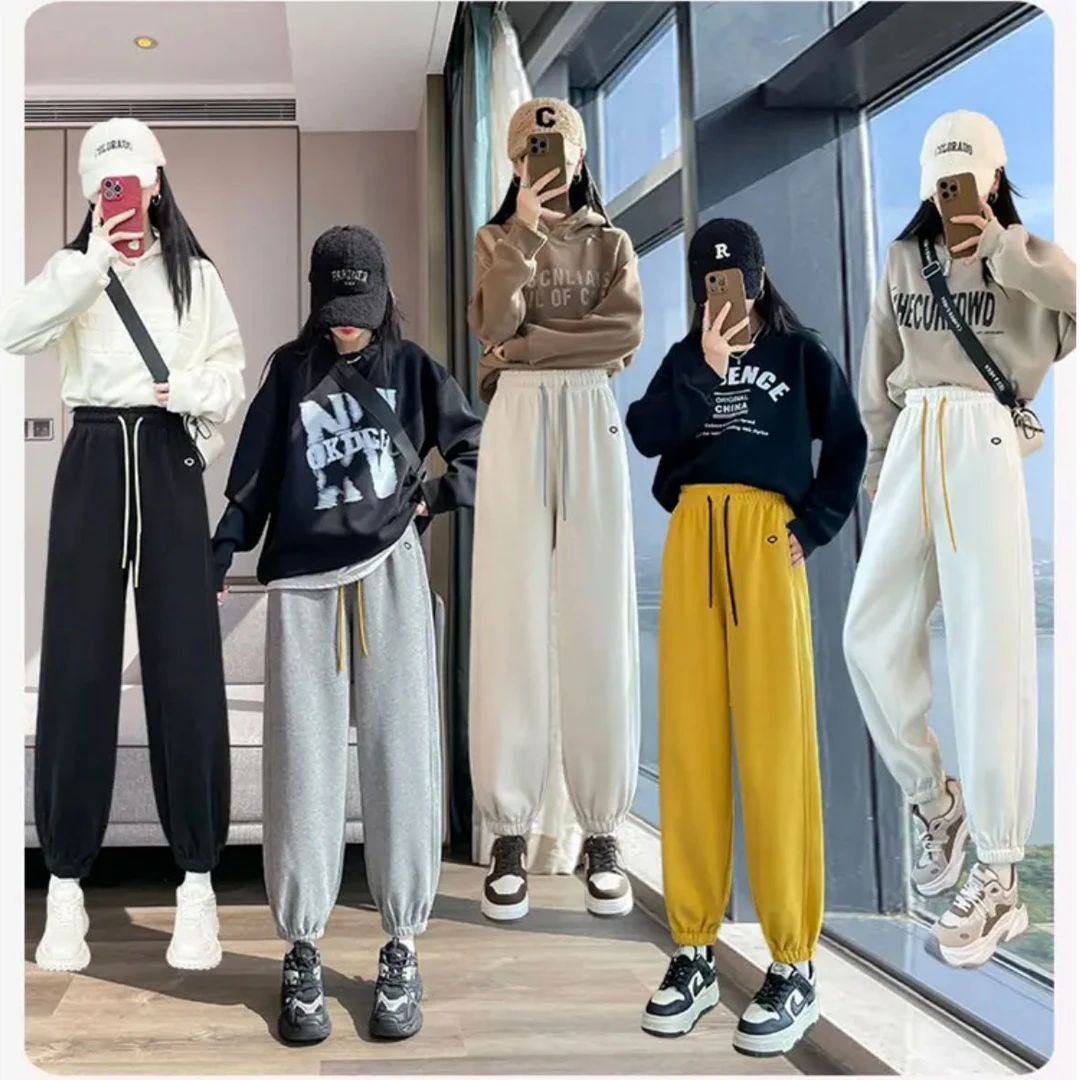 2024秋冬新款高腰加绒加厚卫裤哈伦裤束脚运动裤女百搭休闲哈伦裤