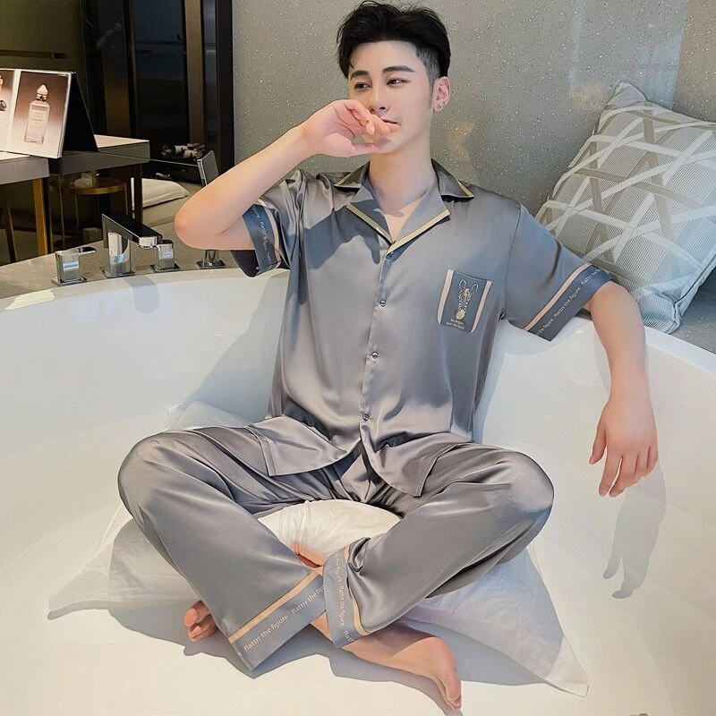 睡衣男冰丝三件套装短袖高级感薄款加大码夏天男士家居服情侣睡衣