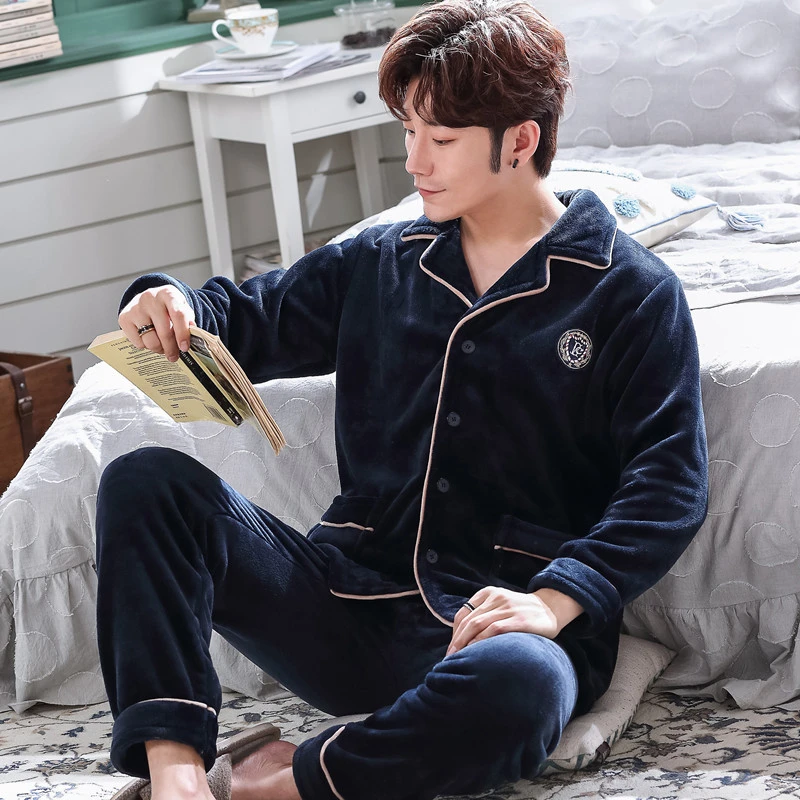 男士法兰绒睡衣冬季加厚纯色珊瑚绒保暖休闲家居服