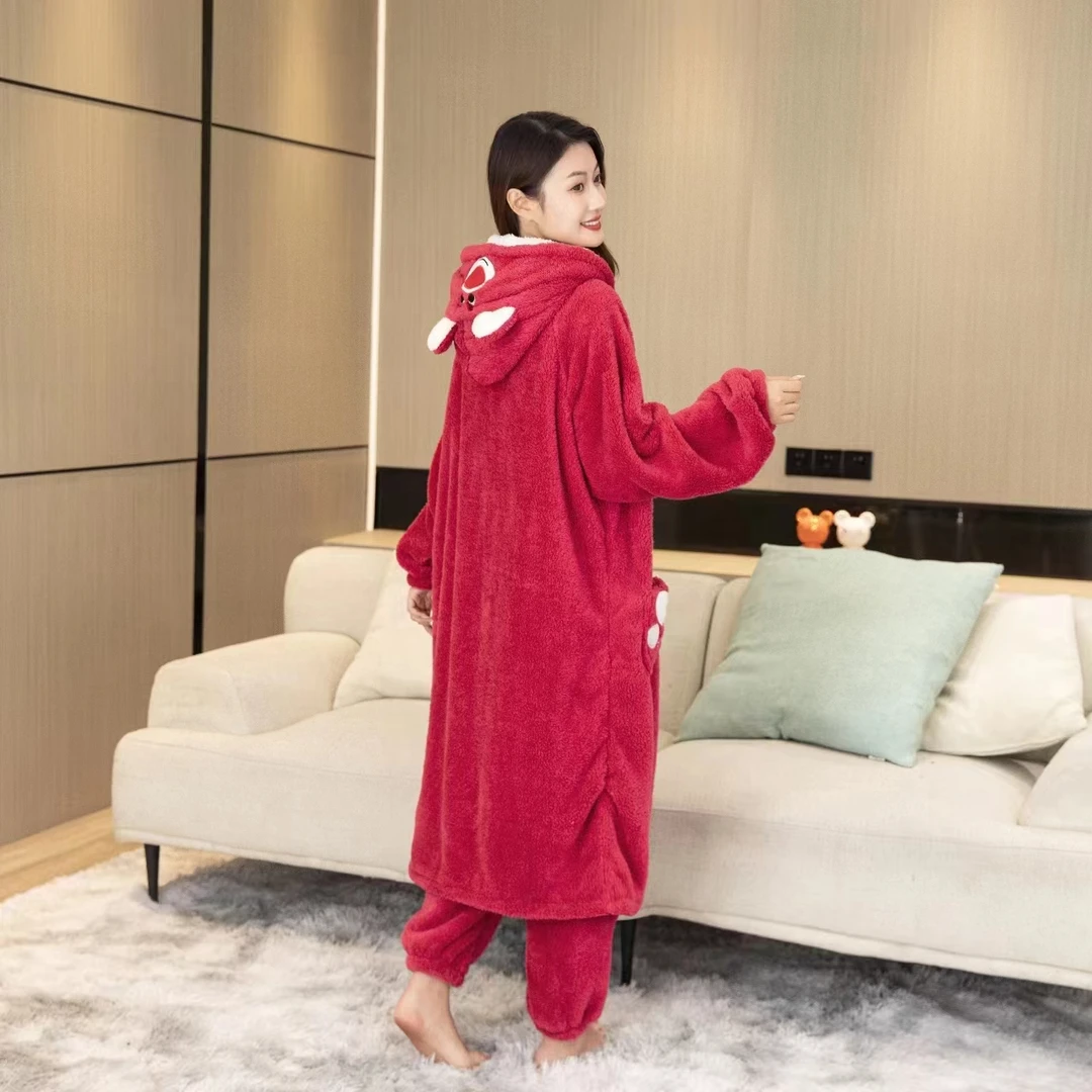 套装睡衣大码家居服连帽加绒加厚睡袍女士外穿孕妇长款保暖长毛