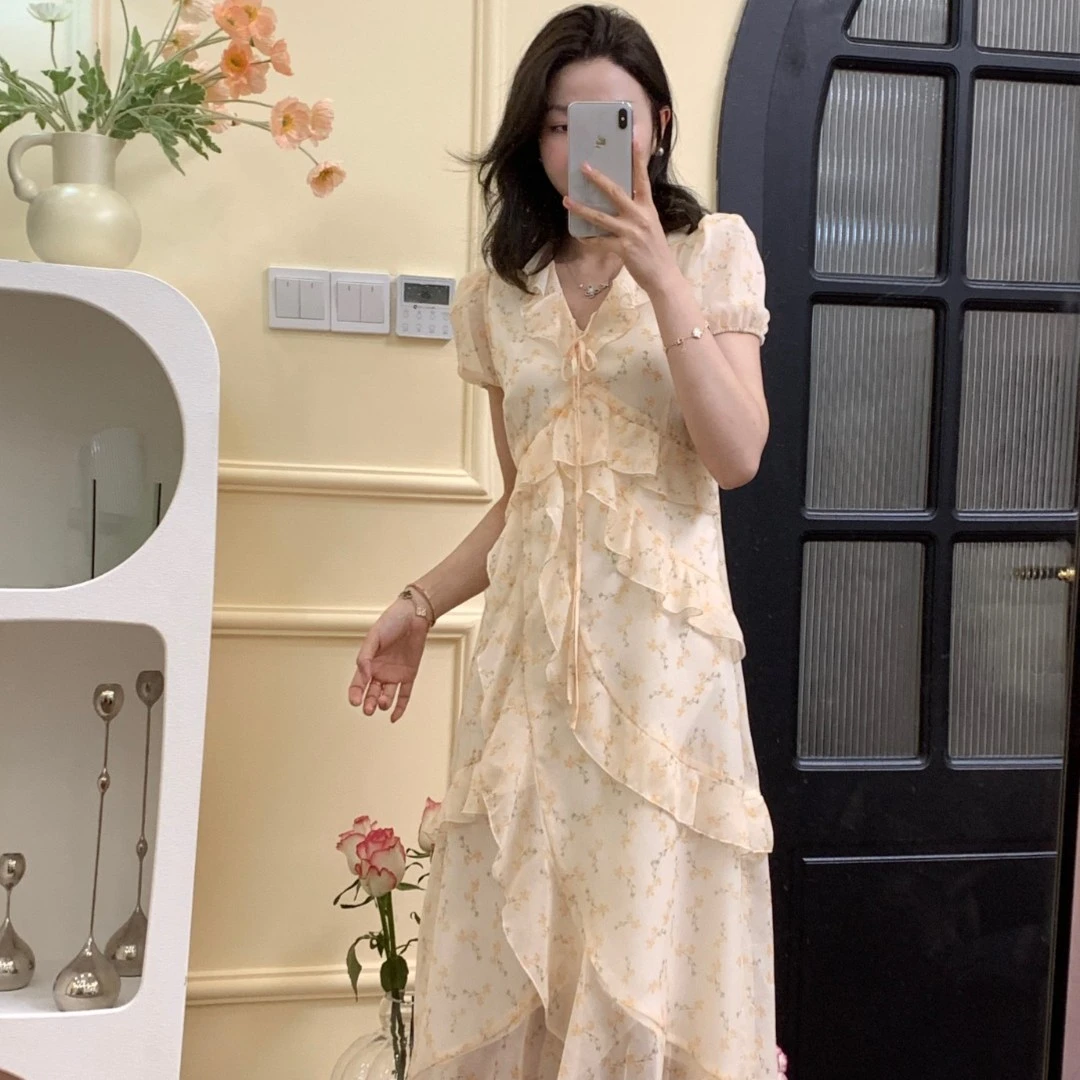 崔与熙/清货特价【田园少女】法式碎花连衣收腰不规则荷叶显瘦裙子