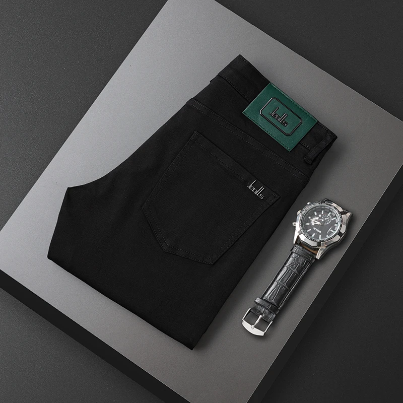 00636男士秋冬新款黑色时尚高品质修身小脚牛仔裤简欧纯黑牛潮牛