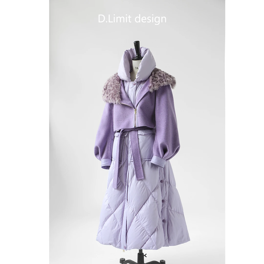 【D.Limit design】时尚假两件灯笼袖紫色毛呢拼接鹅绒服（7）