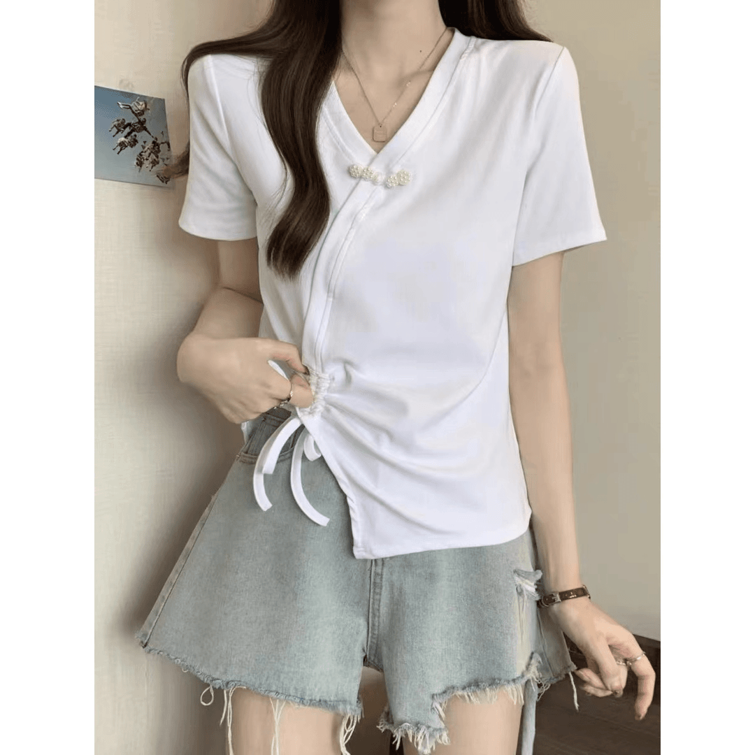A82【支01-50】新中式t恤国风女装遮肚抽绳短款上衣