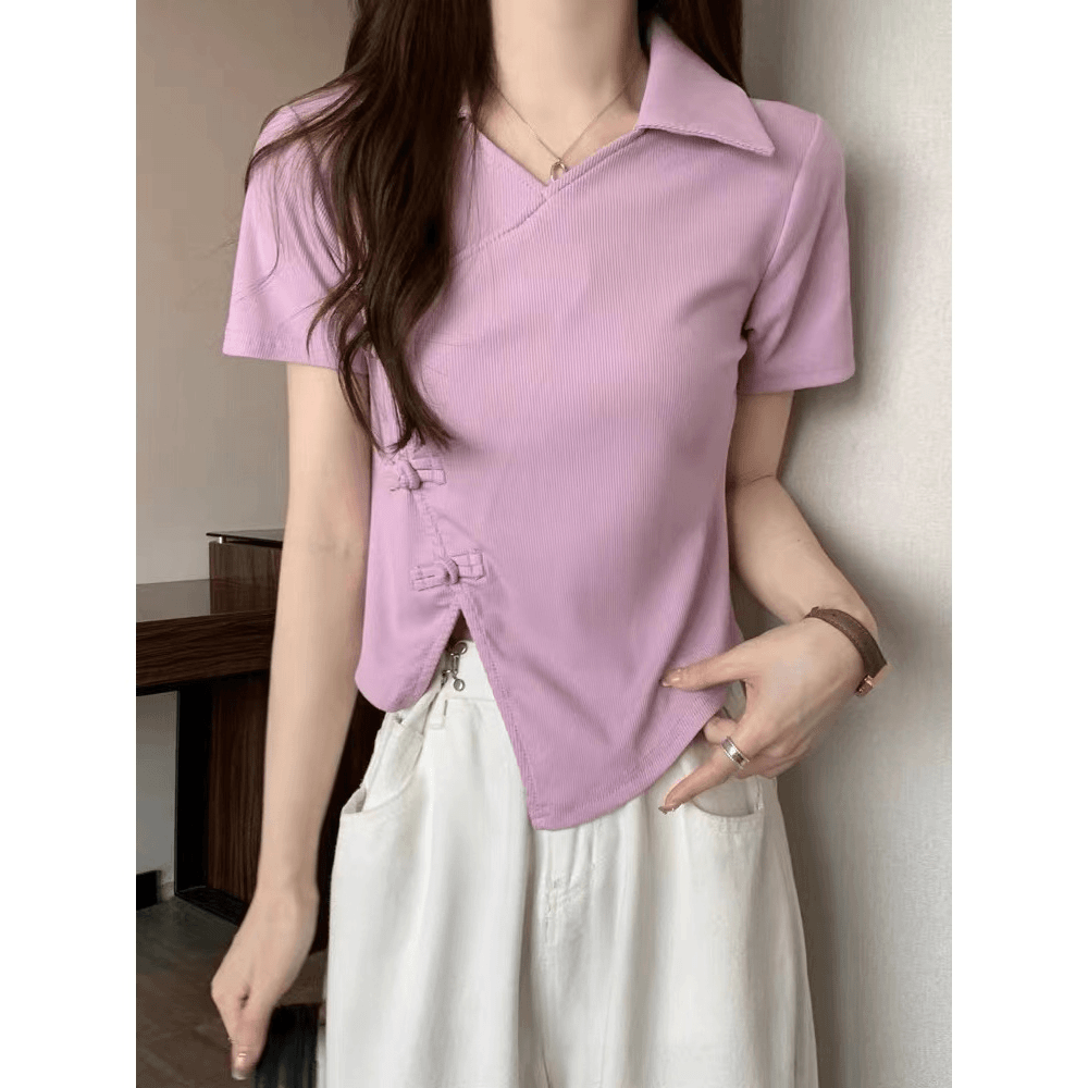 B68【电01-50】新中式t恤女夏季修身显瘦不规则短款盘扣上衣