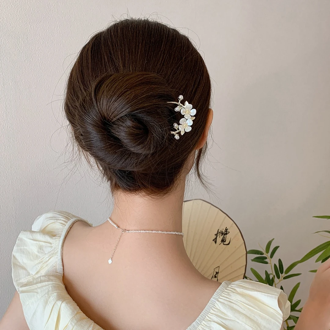 山茶信筏山茶花U形发簪古风高级感后脑勺盘发簪子汉服头饰A1988